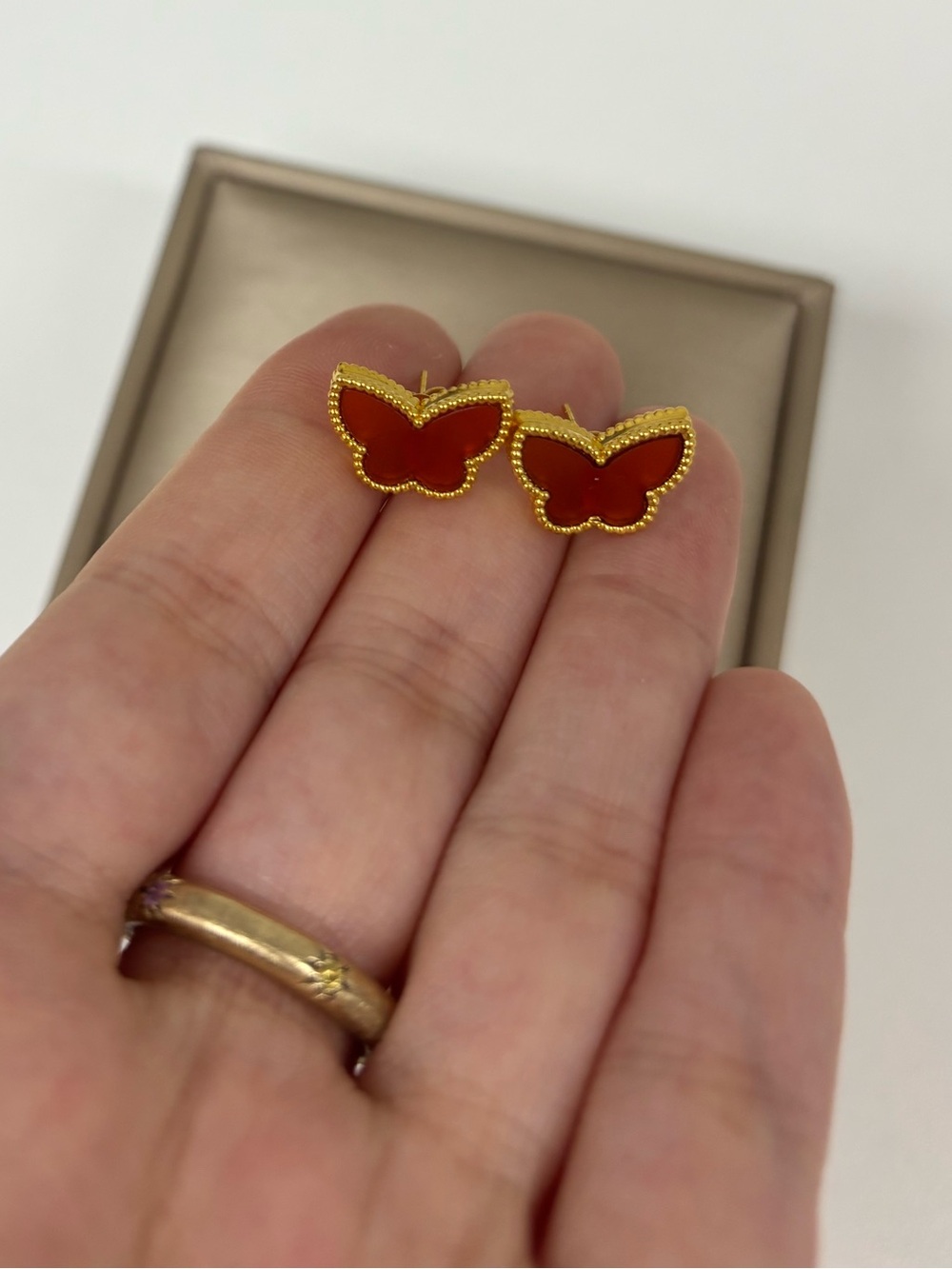 24k Yellow Gold Butterfly Earrings VCA Inspired and Carnelian stone